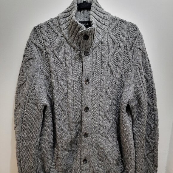 Gap Men's Mock Neck Chunky Knit Lambswool Grey Melange Cable Cardigan L Used - Picture 1 of 14
